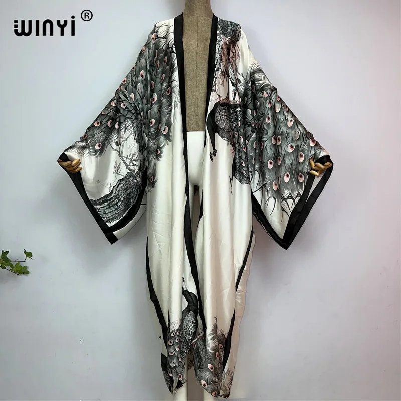 Kaftan Women Boho - วินยี ชุดกิโมโนลายพิมพ์นกยูงสไตล์คลาสสิกสำหรับฤดูร้อน เสื้อคลุมผู้หญิงแอฟริกัน ดีไซน์เซ็กซี่ โบโฮ แม็กซี่