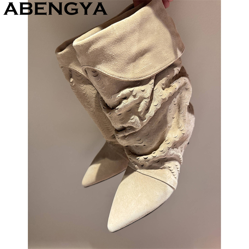 Ethnic Fashion For Women - รองเท้าบูทสั้นระดับกลางน่องสำหรับผู้หญิง รุ่นใหม่ฤดูหนาว 2026 หัวแหลม สไตล์ตะวันตก แฟชั่นบูทซ้อนชั้นสำหรับผู้หญิง