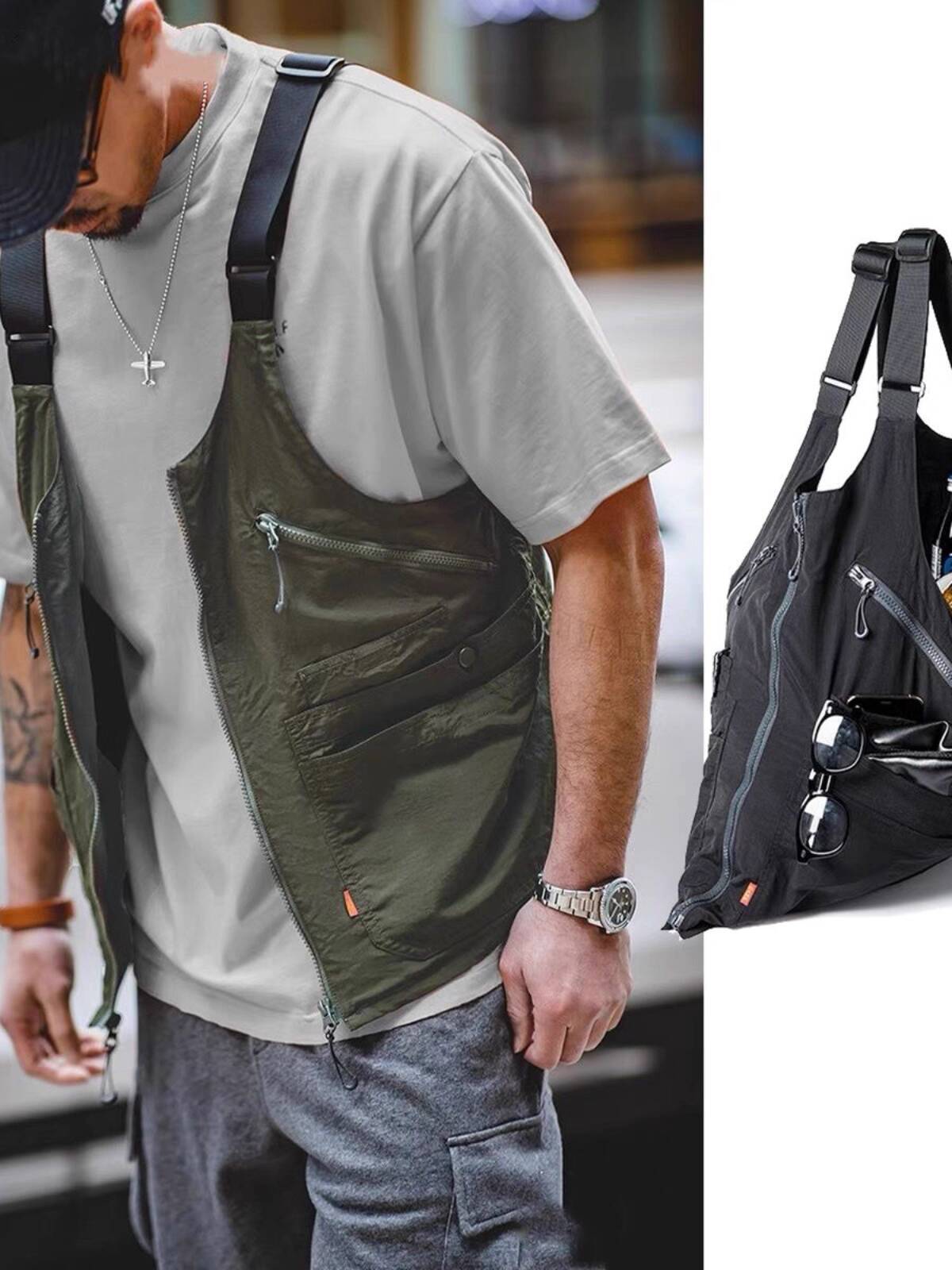 Haori Japanese Jacket - เสื้อกั๊กคาร์โก้สไตล์เรโทรสำหรับผู้ชาย ทรงหลวมแบบญี่ปุ่น มีกระเป๋าหลายช่อง เสื้อแจ็คเก็ตแขนกุดสำหรับกิจกรรมกลางแจ้ง ตกปลา เดินป่า