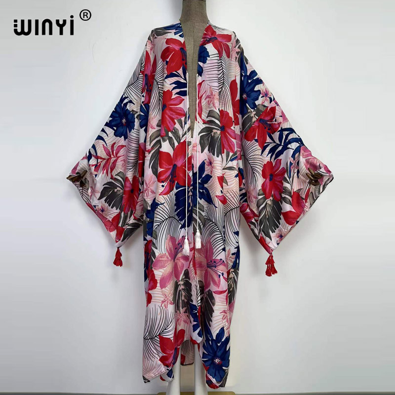 Kaftan Women Boho - 2022 winyi sukienka ชุดเดรสสำหรับผู้หญิงเสื้อคลุมชายหาดเสื้อทรงกิโมโนยาวเปิดด้านหน้าพิมพ์ลายโบฮีเมียนสีชมพูหวานสำหรับผู้หญิง