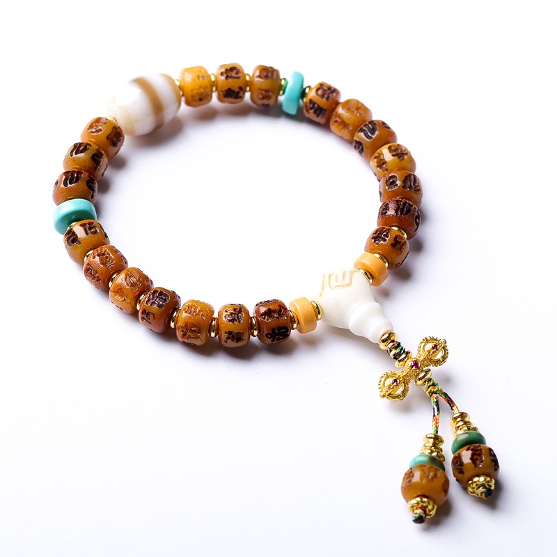 Ethnic Fashion Way - กำไลข้อมือแบบทิเบต แกะสลักด้วยกระดูก พร้อมบทสวดมนต์หกคำ วัสดุทำจากเขาวัว ดีไซน์แบบสามทาง สไตล์ชาติพันธุ์