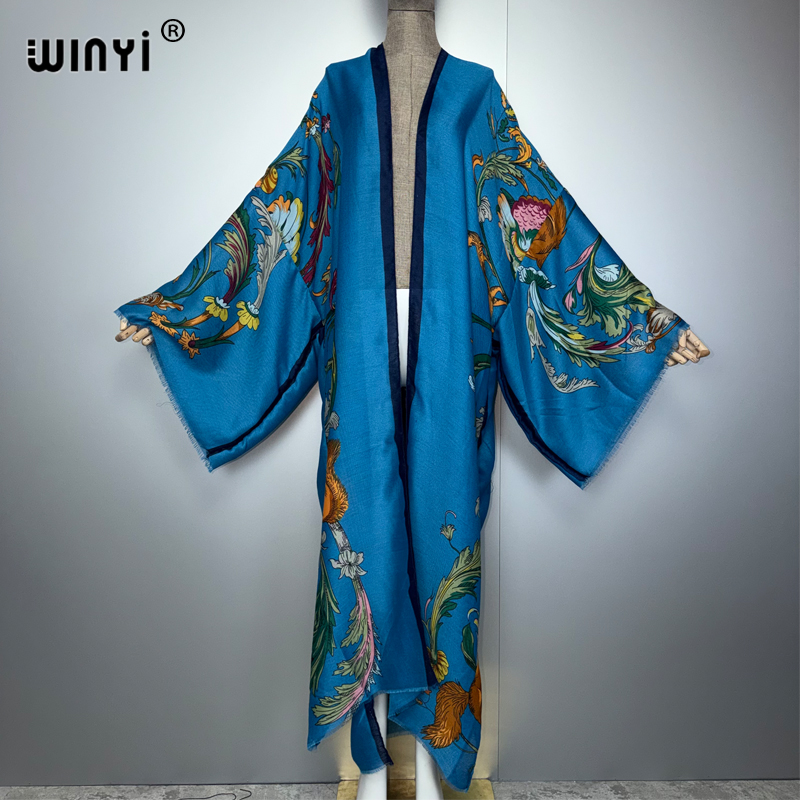 Kaftan Women Boho - WINYI Africa ชุดกิโมโนโบโฮแม็กซี่เดรส ชุดคลุมชายหาด เสื้อคลุมแม็กซี่ลายพิมพ์ คาฟตัน
