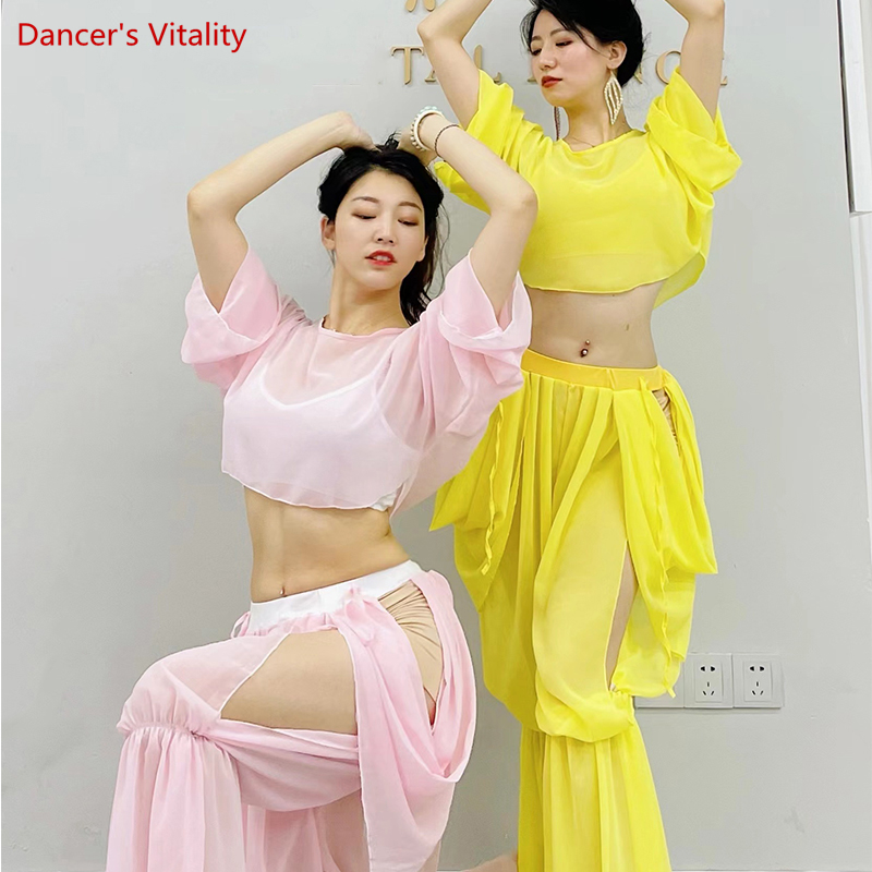Ethnic Fashion India - ชุดฝึกซ้อมระบำหน้าท้องสำหรับผู้หญิง เสื้อแขนยาว+กางเกง ชุดอินเดีย กางเกงผ้าชีฟองทรงโคมไฟ โอเรียนทัล