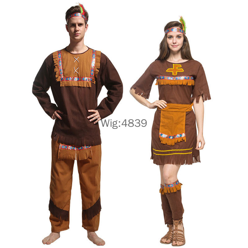 Ethnic Fashion India - ฮาโลวีนเครื่องแต่งกายผู้ใหญ่คู่พื้นเมืองอินเดียเสื้อผ้าผู้หญิงผู้ชายดั้งเดิม Man Caveman เครื่องแต่งกายพู่ Carnival Party