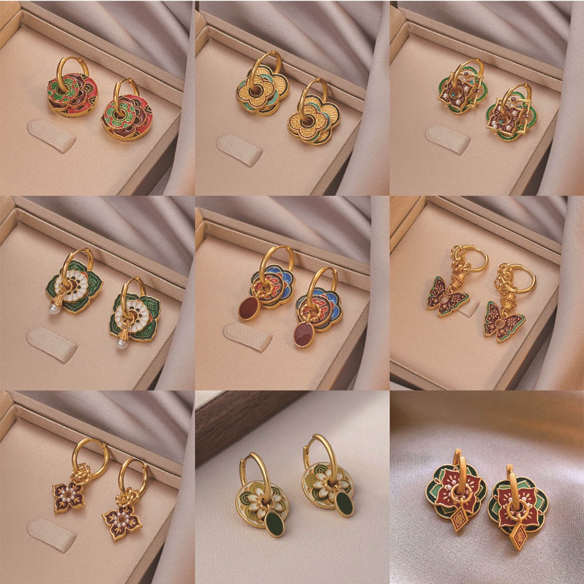 Ethnic Fashion Way - ชาติพันธุ์จีนเคลือบสีสันต่างหูผู้หญิง Retro Design Gold Plated ดอกไม้รูปสวมใส่หลายวิธีเครื่องประดับของขวัญ
