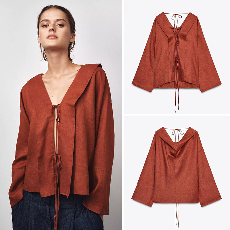 Ethnic Fashion Way - เสื้อเชิ้ตผู้หญิงคอวีทรงหลวมใส่ได้สองแบบ สไตล์ลำลอง คอลเลคชั่นใหม่ ฤดูใบไม้ร่วง 2025 สวมใส่สบาย
